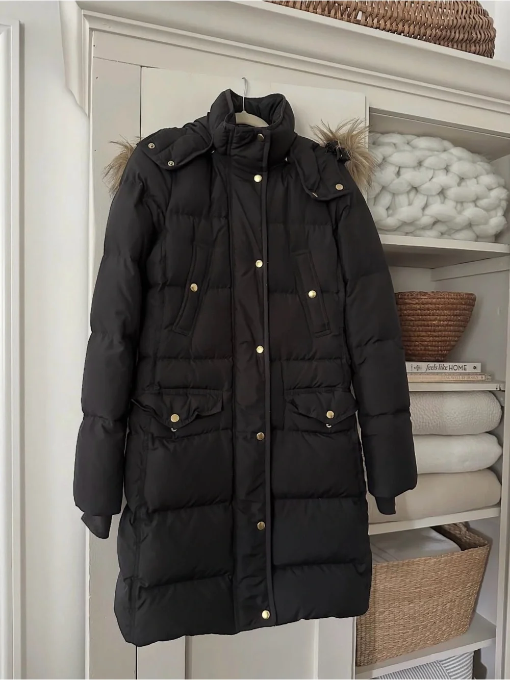 JCREW Black Puffer Coat with Faux Fur Trim